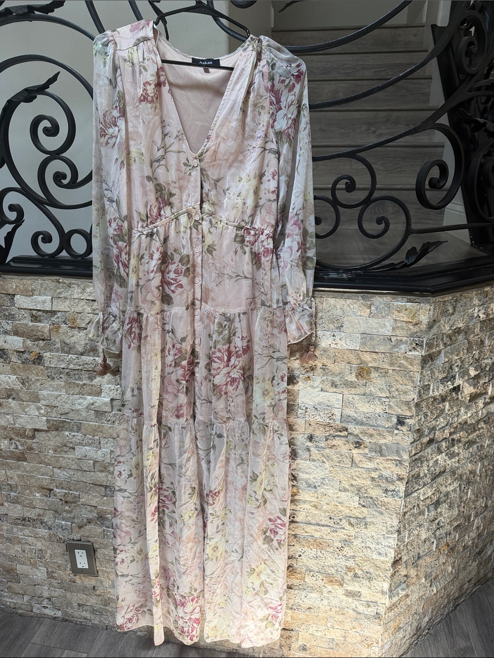 Aakaa Blush Pink Floral Tiered Maxi Dress